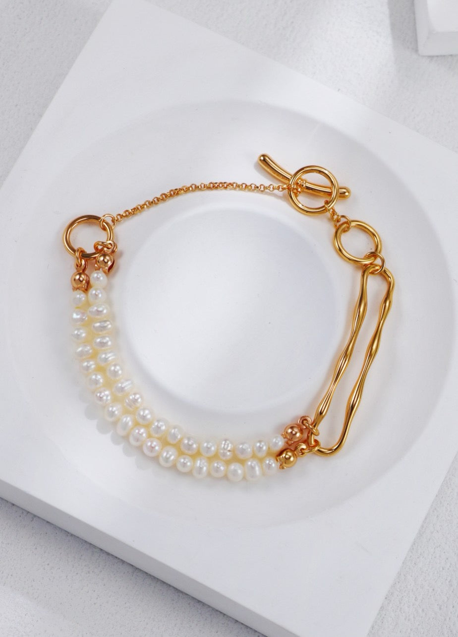 S925 Silver Vintage Gold Double Pearl Bracelet