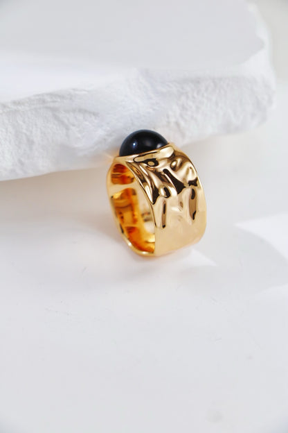 Vintage Gold Black Onyx ｜White Crystal ring｜s925 silver